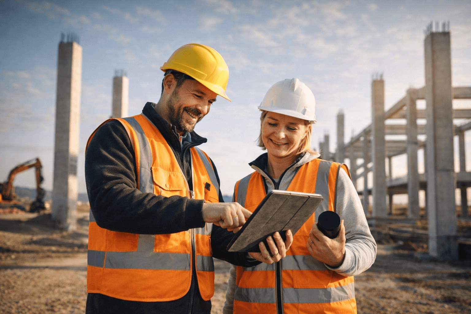 Construction workers on a Perth building site using a tablet to coordinate project information and IT-connected workflows.